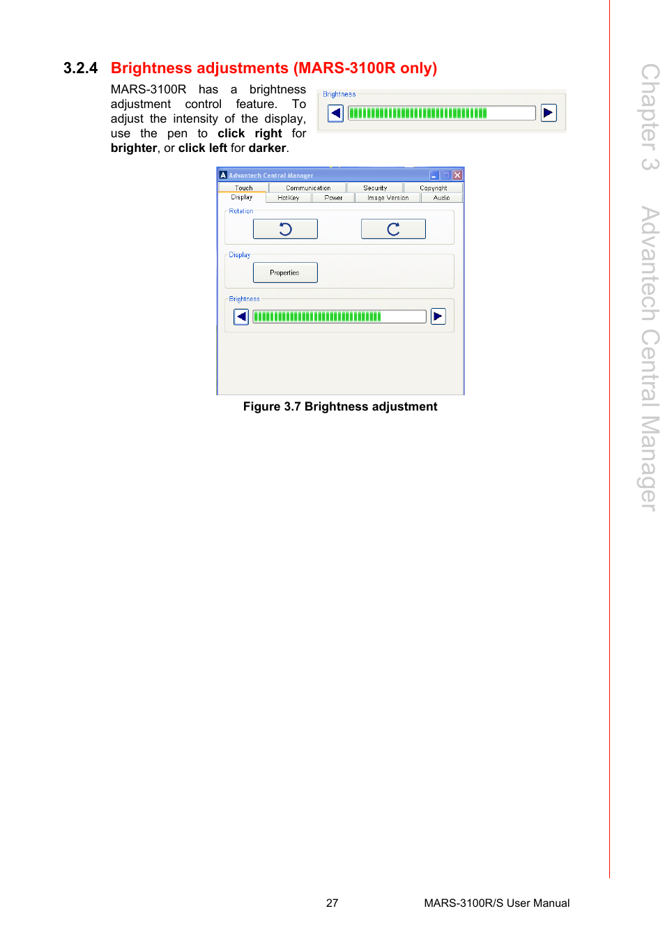 4 brightness adjustments (mars-3100r only), Figure 3.7 brightness adjustment, Brightness adjustment | Chapter 3 a dvantech central m anager | Advantech MARS-3100R/S User Manual | Page 41 / 98