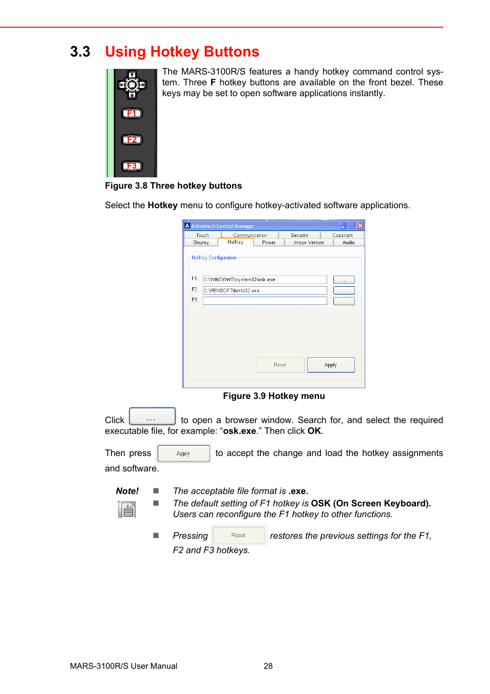 3 using hotkey buttons, Figure 3.8 three hotkey buttons, Figure 3.9 hotkey menu | Using hotkey buttons, Figure 3.8, Three hotkey buttons, Figure 3.9, Hotkey menu | Advantech MARS-3100R/S User Manual | Page 42 / 98