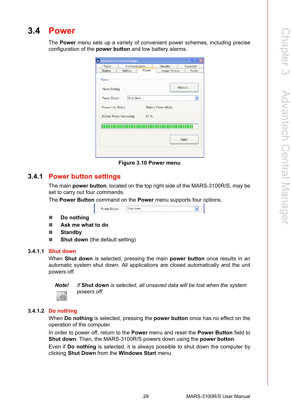 4 power, Figure 3.10 power menu, 1 power button settings | Power, Power button settings, Chapter 3 a dvantech central m anager | Advantech MARS-3100R/S User Manual | Page 43 / 98