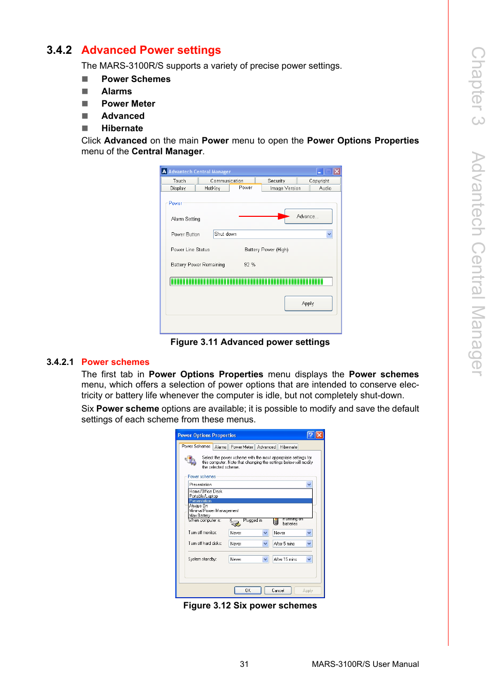 2 advanced power settings, Figure 3.11 advanced power settings, Figure 3.12 six power schemes | Chapter 3 a dvantech central m anager | Advantech MARS-3100R/S User Manual | Page 45 / 98