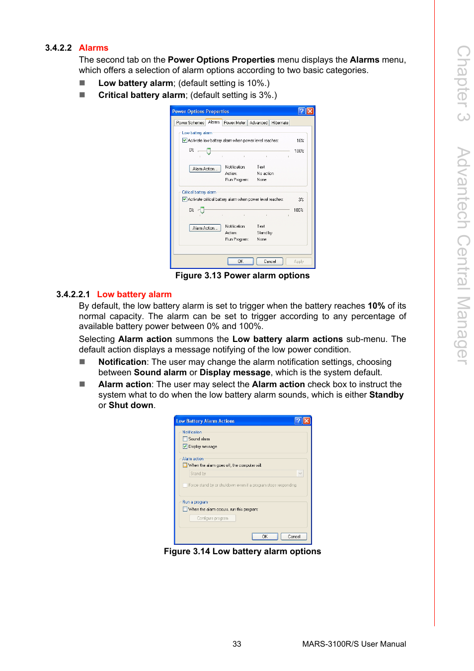 Figure 3.13 power alarm options, Figure 3.14 low battery alarm options, Chapter 3 a dvantech central m anager | Advantech MARS-3100R/S User Manual | Page 47 / 98