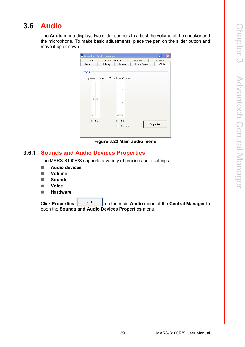 6 audio, Figure 3.22 main audio menu, 1 sounds and audio devices properties | Audio, Sounds and audio devices properties, Chapter 3 a dvantech central m anager | Advantech MARS-3100R/S User Manual | Page 53 / 98