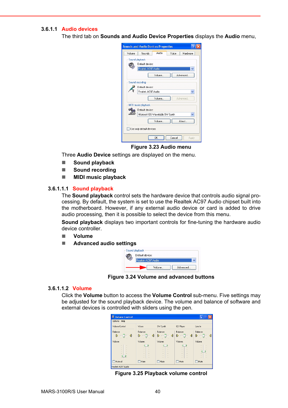 Figure 3.23 audio menu, Figure 3.24 volume and advanced buttons, Figure 3.25 playback volume control | Advantech MARS-3100R/S User Manual | Page 54 / 98