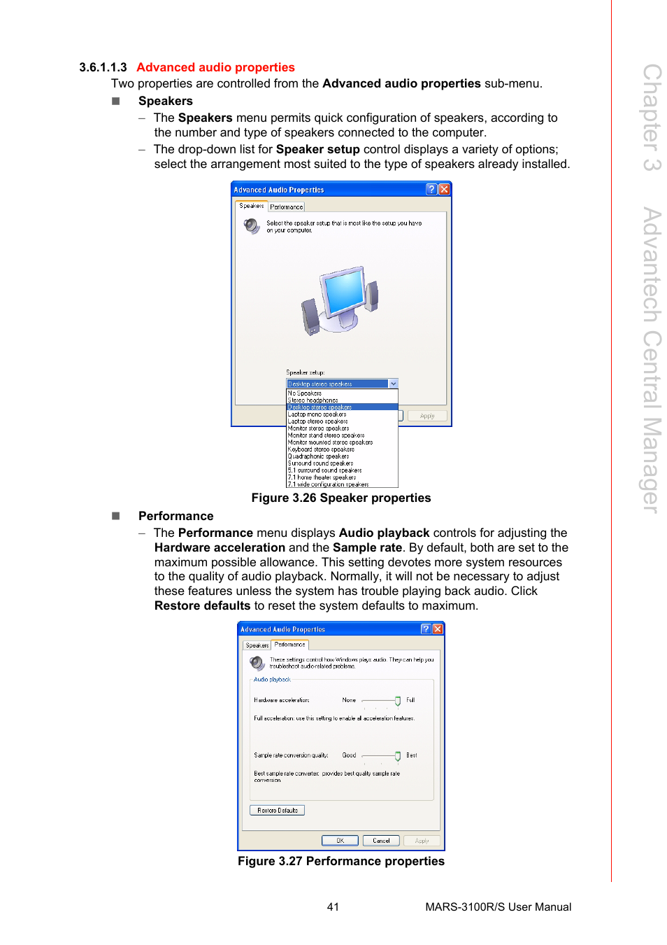 Figure 3.26 speaker properties, Figure 3.27 performance properties, Chapter 3 a dvantech central m anager | Advantech MARS-3100R/S User Manual | Page 55 / 98