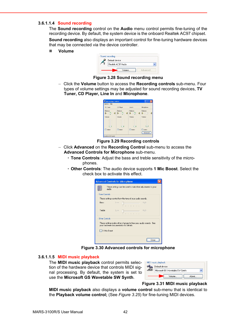 Figure 3.28 sound recording menu, Figure 3.29 recording controls, Figure 3.30 advanced controls for microphone | Figure 3.31 midi music playback | Advantech MARS-3100R/S User Manual | Page 56 / 98