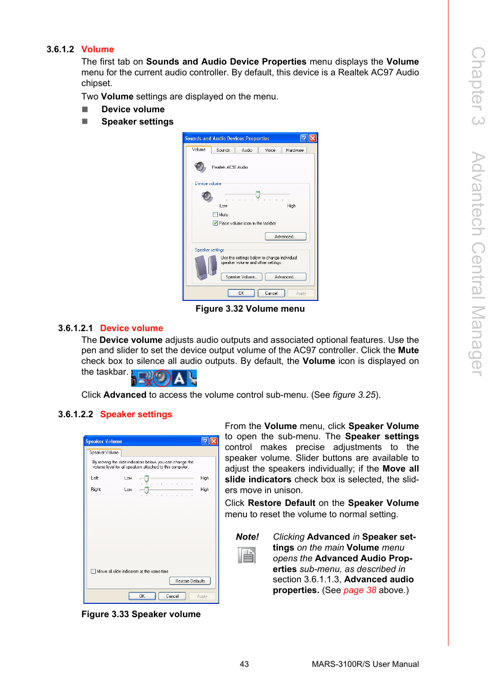 Figure 3.32 volume menu, Figure 3.33 speaker volume, Figure 3.32 volume menu figure 3.33 speaker volume | Chapter 3 a dvantech central m anager | Advantech MARS-3100R/S User Manual | Page 57 / 98