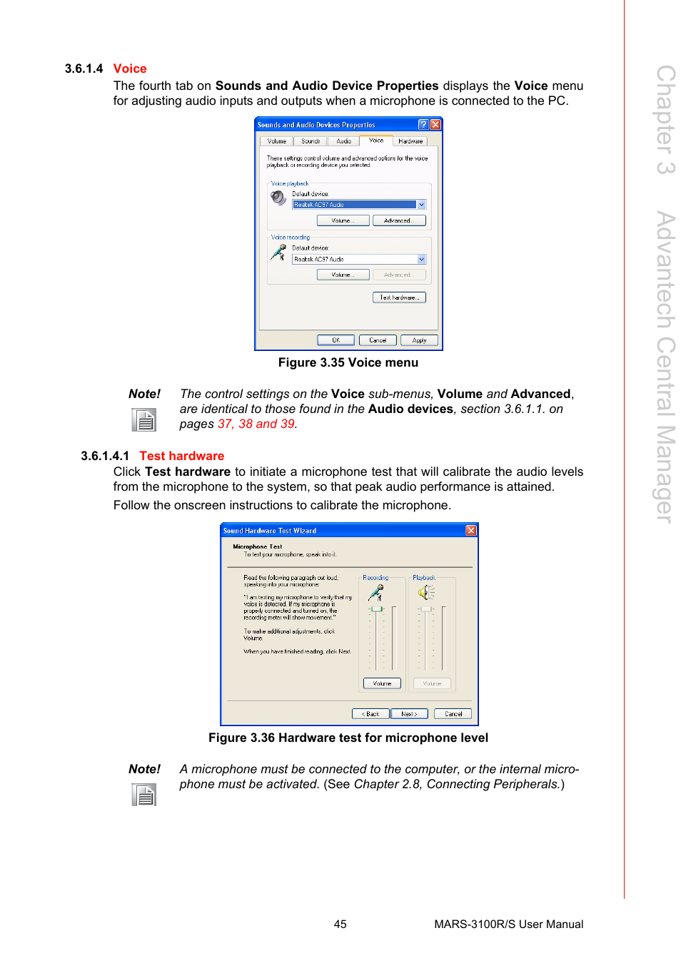 Figure 3.35 voice menu, Figure 3.36 hardware test for microphone level, Chapter 3 a dvantech central m anager | Advantech MARS-3100R/S User Manual | Page 59 / 98