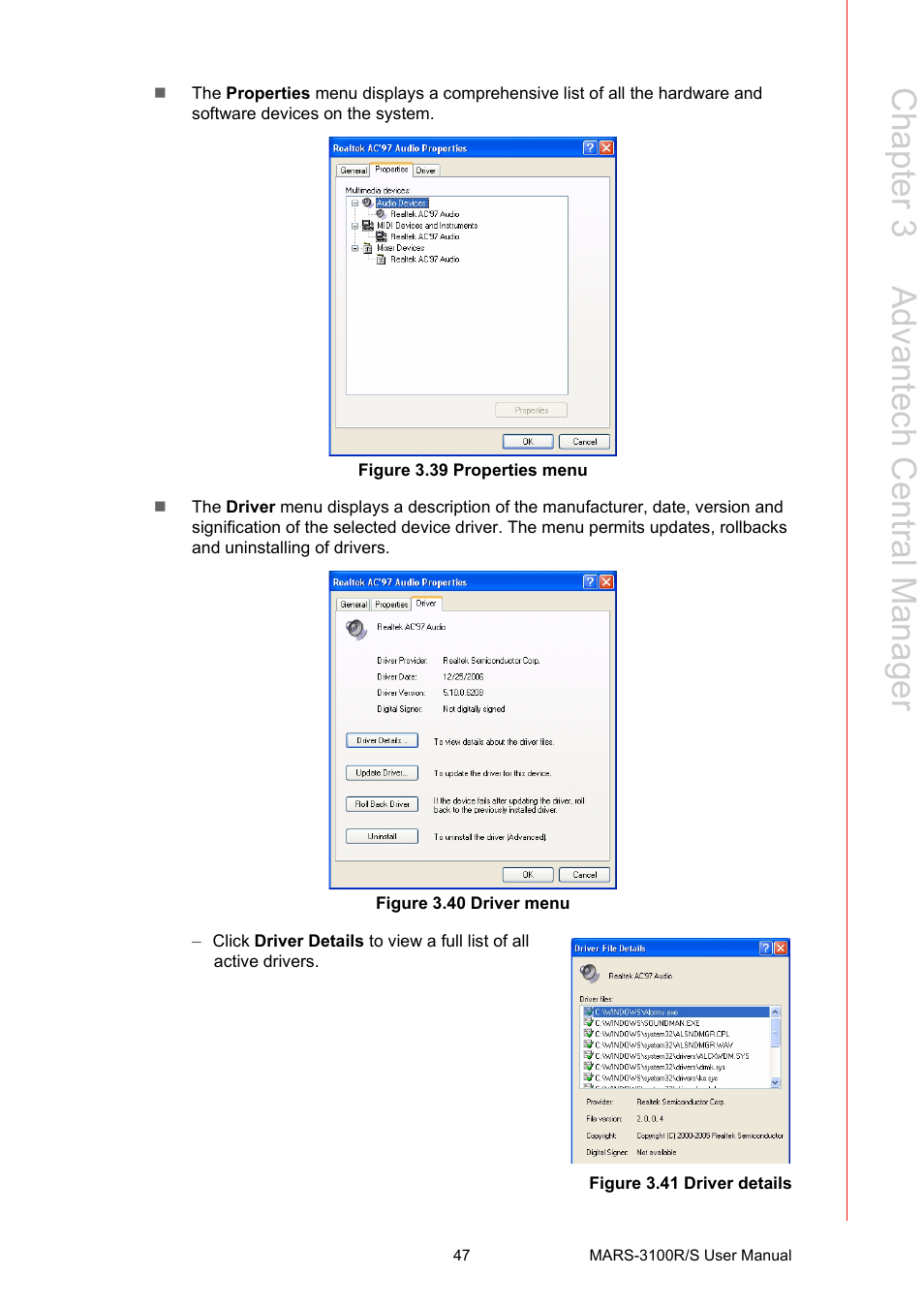 Figure 3.39 properties menu, Figure 3.40 driver menu, Figure 3.41 driver details | Chapter 3 a dvantech central m anager | Advantech MARS-3100R/S User Manual | Page 61 / 98