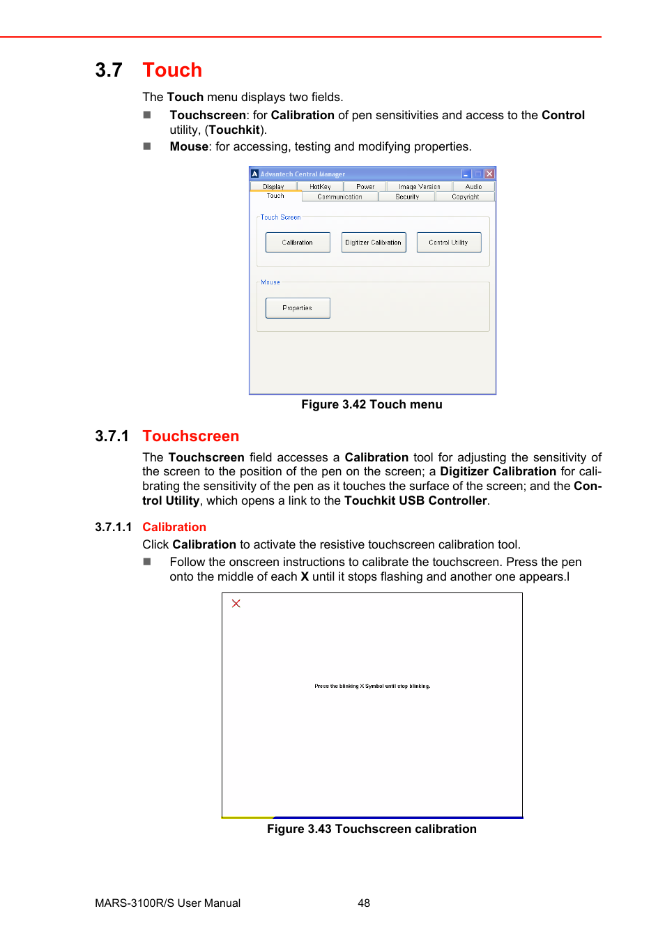 7 touch, Figure 3.42 touch menu, 1 touchscreen | Figure 3.43 touchscreen calibration, Touch, Touchscreen figure 3.43 touchscreen calibration | Advantech MARS-3100R/S User Manual | Page 62 / 98