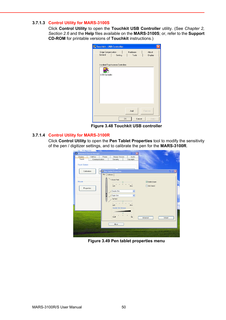 Figure 3.48 touchkit usb controller, Figure 3.49 pen tablet properties menu | Advantech MARS-3100R/S User Manual | Page 64 / 98