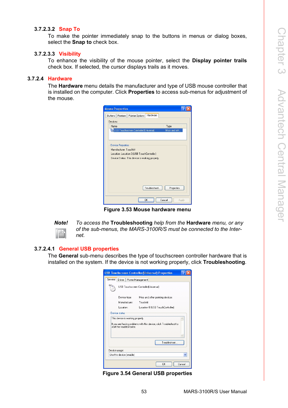 Figure 3.53 mouse hardware menu, Figure 3.54 general usb properties, Chapter 3 a dvantech central m anager | Advantech MARS-3100R/S User Manual | Page 67 / 98