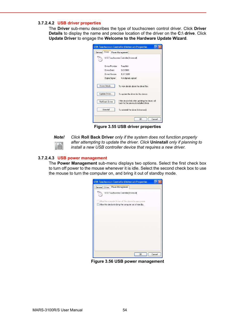 Figure 3.55 usb driver properties, Figure 3.56 usb power management | Advantech MARS-3100R/S User Manual | Page 68 / 98