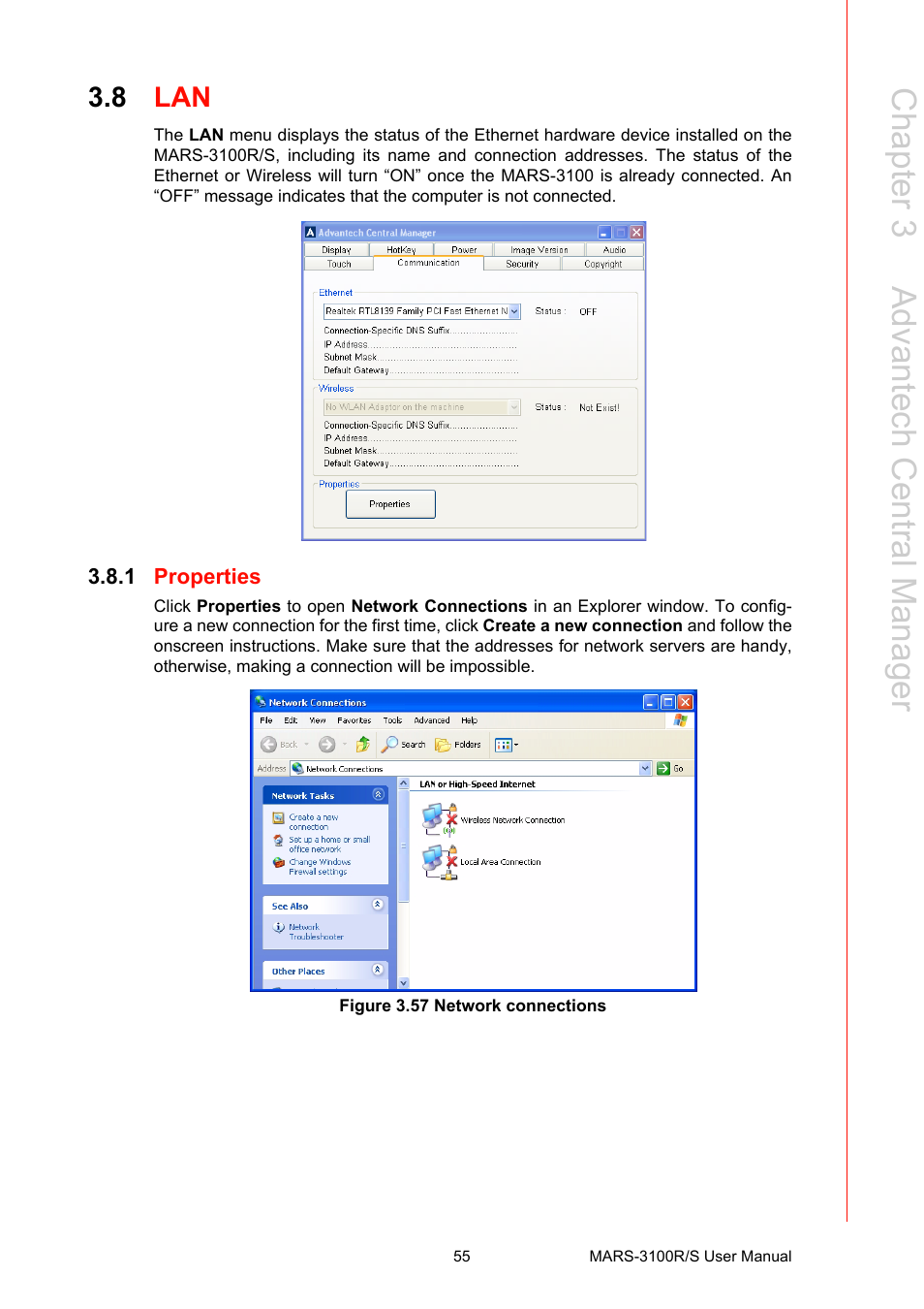 8 lan, 1 properties, Figure 3.57 network connections | Lan 3.8.1, Properties figure 3.57 network connections, Chapter 3 a dvantech central m anager | Advantech MARS-3100R/S User Manual | Page 69 / 98