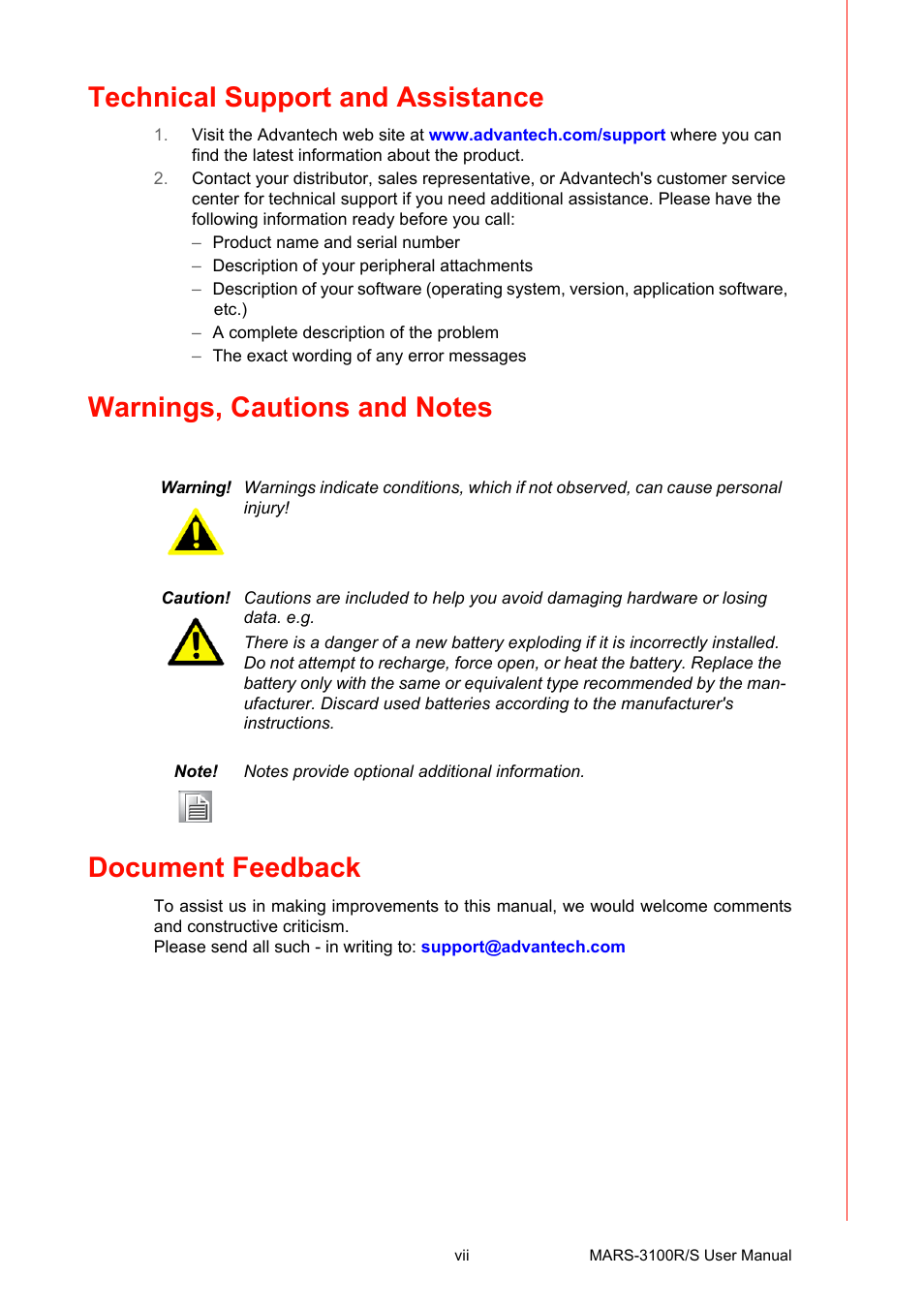 Technical support and assistance | Advantech MARS-3100R/S User Manual | Page 7 / 98