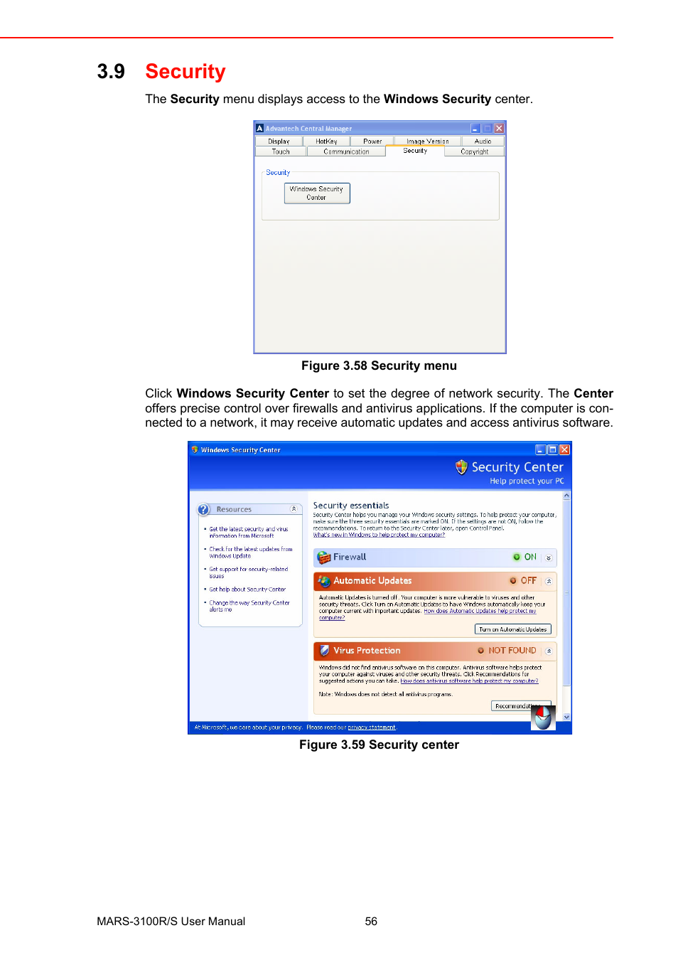 9 security, Figure 3.58 security menu, Figure 3.59 security center | Security | Advantech MARS-3100R/S User Manual | Page 70 / 98