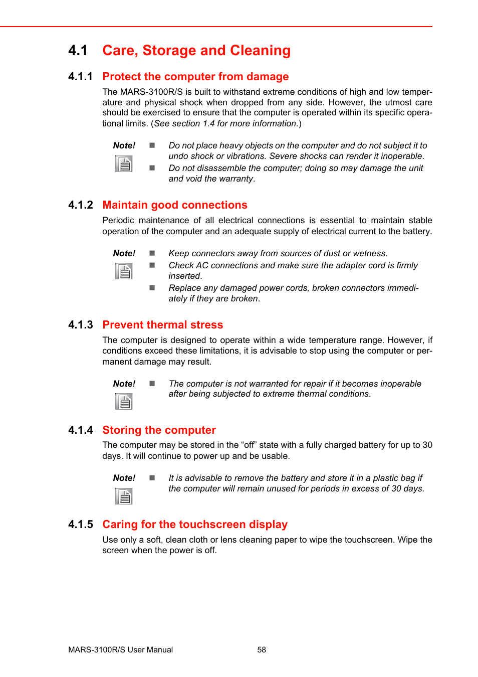 1 care, storage and cleaning, 1 protect the computer from damage, 2 maintain good connections | 3 prevent thermal stress, 4 storing the computer, 5 caring for the touchscreen display, Care, storage and cleaning 4.1.1, Protect the computer from damage, Maintain good connections, Prevent thermal stress | Advantech MARS-3100R/S User Manual | Page 72 / 98