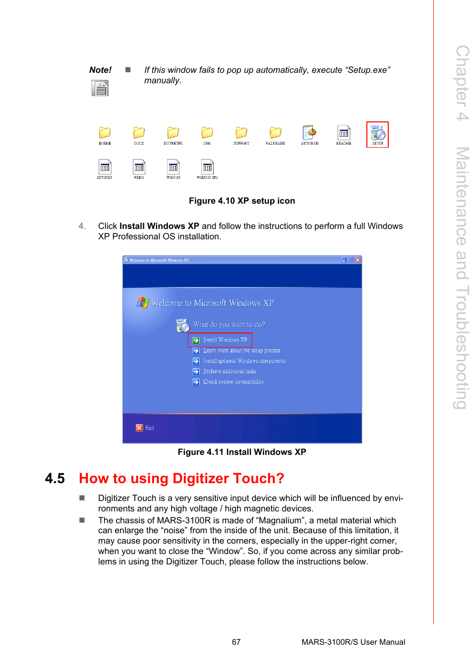 Figure 4.10 xp setup icon, Figure 4.11 install windows xp, 5 how to using digitizer touch | How to using digitizer touch, Chapter 4 m aintenance and troubleshooting | Advantech MARS-3100R/S User Manual | Page 81 / 98