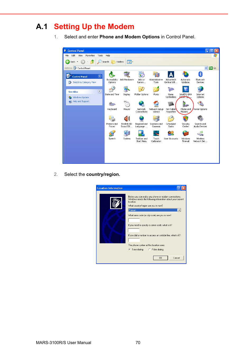 A.1 setting up the modem, Setting up the modem | Advantech MARS-3100R/S User Manual | Page 84 / 98