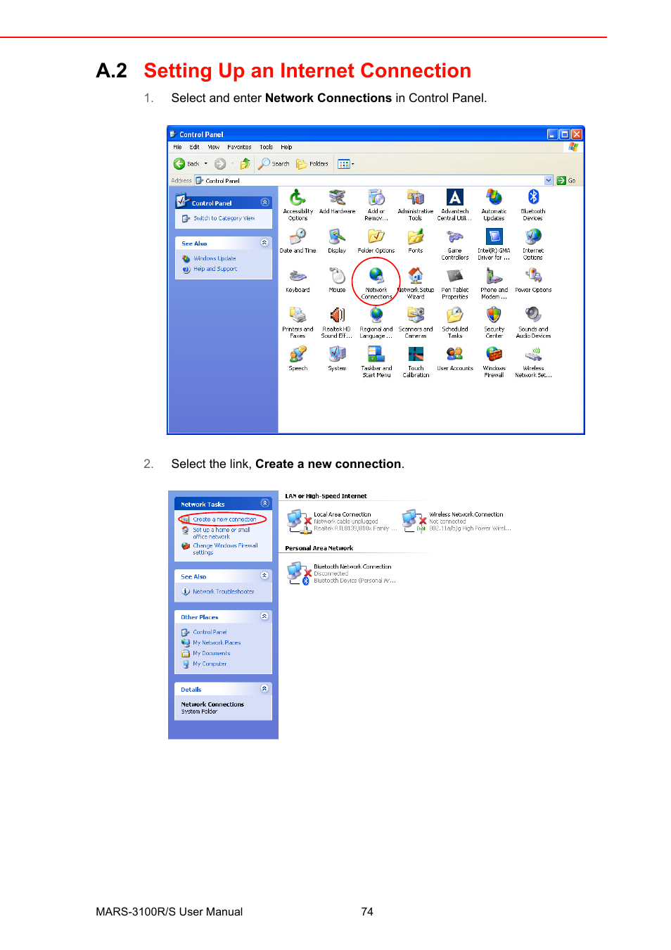 A.2 setting up an internet connection, Setting up an internet connection | Advantech MARS-3100R/S User Manual | Page 88 / 98