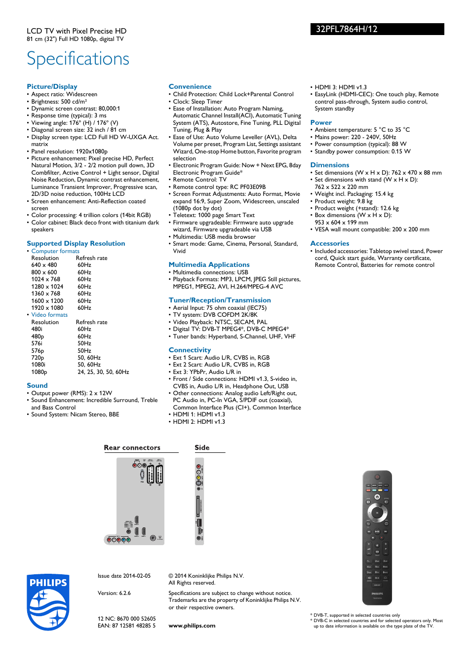 Specifications, Lcd tv with pixel precise hd | Philips TV LCD User Manual | Page 3 / 3