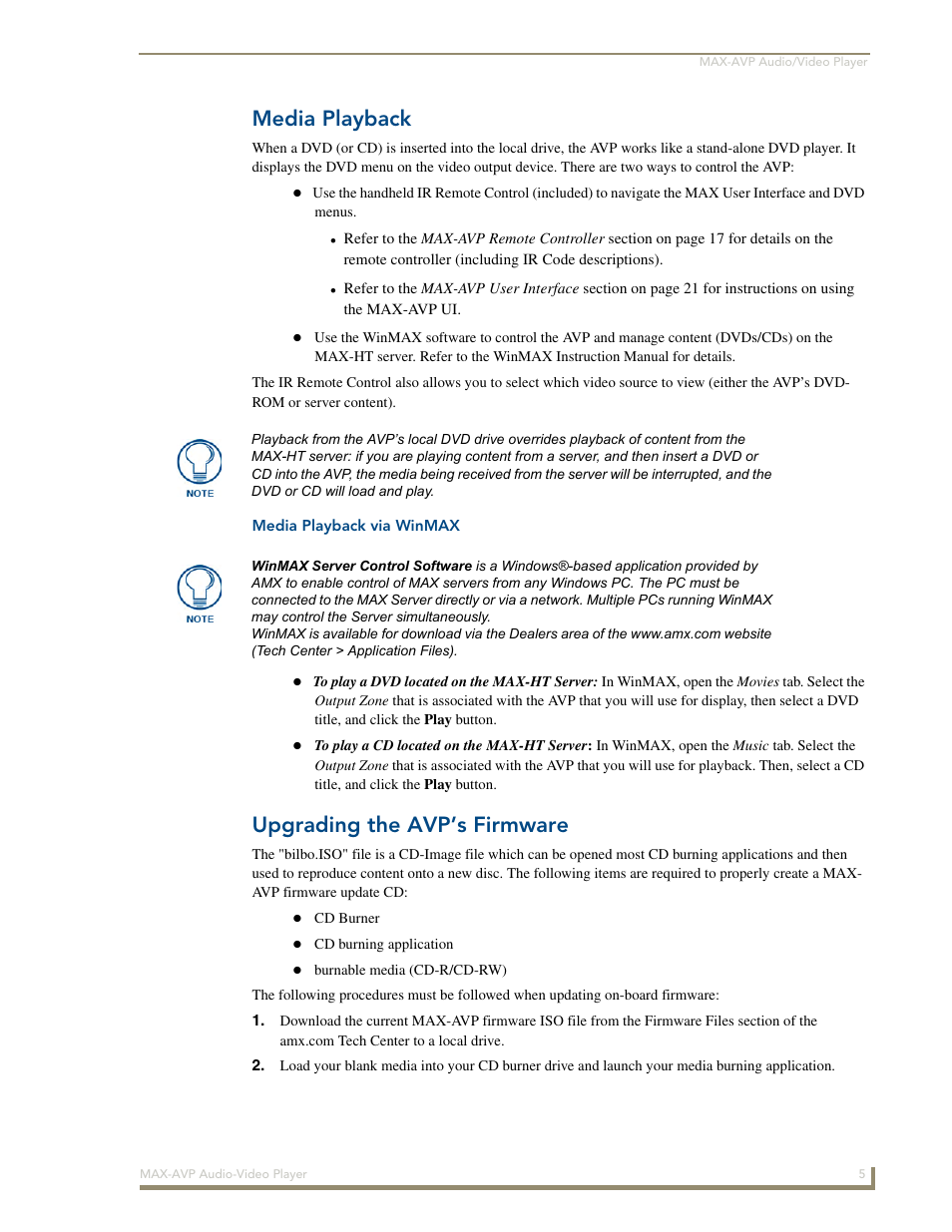 Media playback, Media playback via winmax, Upgrading the avp’s firmware | AMX MAX-AVP User Manual | Page 11 / 60