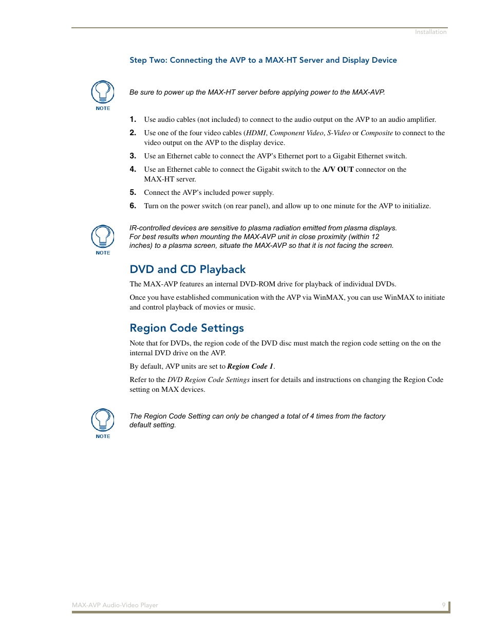 Dvd and cd playback, Region code settings | AMX MAX-AVP User Manual | Page 15 / 60