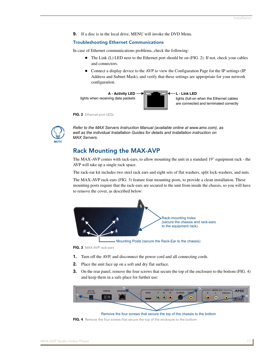 Troubleshooting ethernet communications, Rack mounting the max-avp | AMX MAX-AVP User Manual | Page 17 / 60