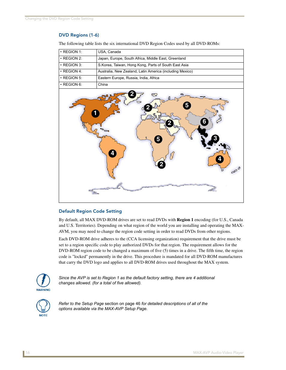 Dvd regions (1-6), Default region code setting | AMX MAX-AVP User Manual | Page 22 / 60