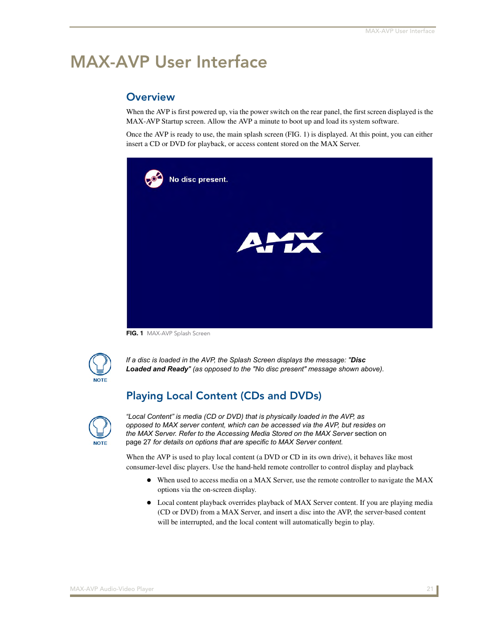 Max-avp user interface, Overview, Playing local content (cds and dvds) | AMX MAX-AVP User Manual | Page 27 / 60