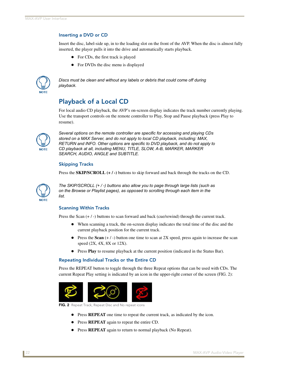 Inserting a dvd or cd, Playback of a local cd, Skipping tracks | Scanning within tracks, Repeating individual tracks or the entire cd | AMX MAX-AVP User Manual | Page 28 / 60