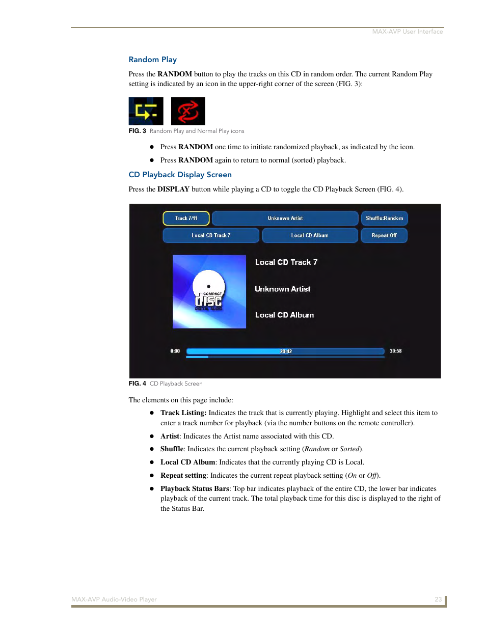 Random play, Cd playback display screen | AMX MAX-AVP User Manual | Page 29 / 60