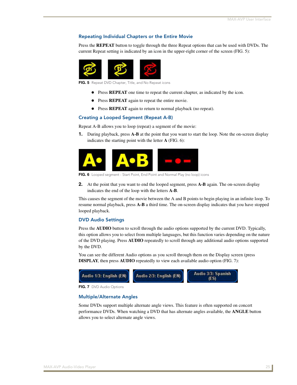 Repeating individual chapters or the entire movie, Creating a looped segment (repeat a-b), Dvd audio settings | Multiple/alternate angles | AMX MAX-AVP User Manual | Page 31 / 60