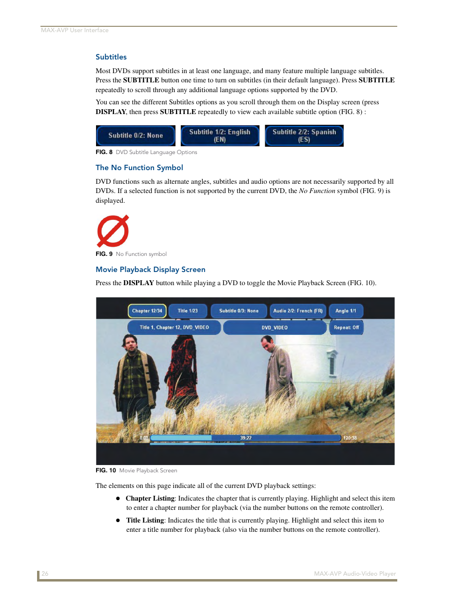 Subtitles, The no function symbol, Movie playback display screen | AMX MAX-AVP User Manual | Page 32 / 60