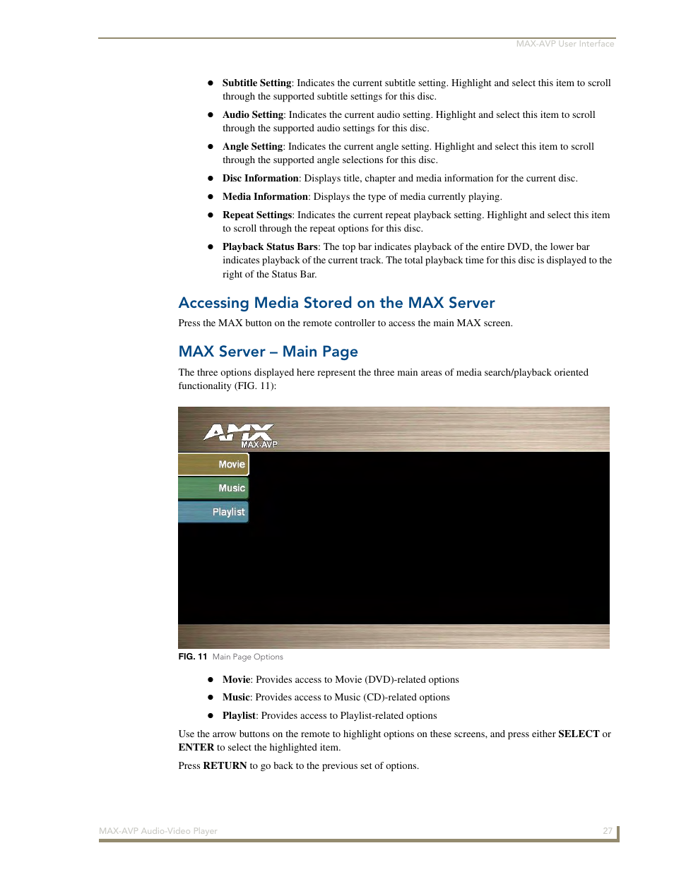 Accessing media stored on the max server, Max server – main page | AMX MAX-AVP User Manual | Page 33 / 60