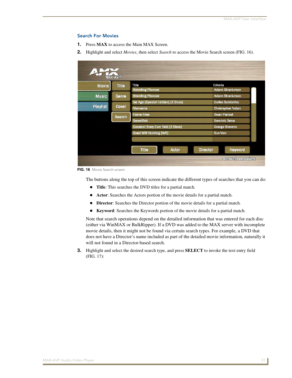 Search for movies | AMX MAX-AVP User Manual | Page 37 / 60