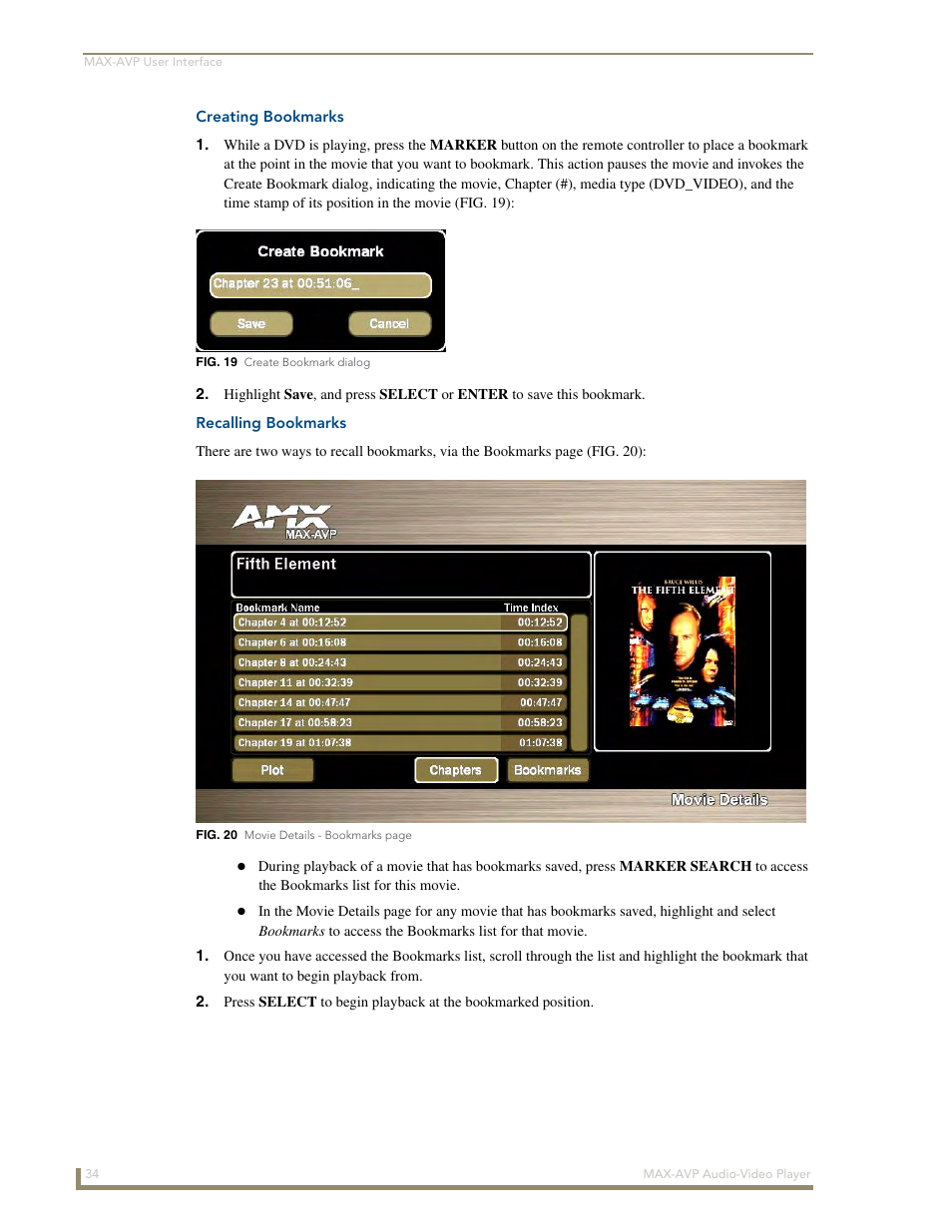 Creating bookmarks, Recalling bookmarks | AMX MAX-AVP User Manual | Page 40 / 60