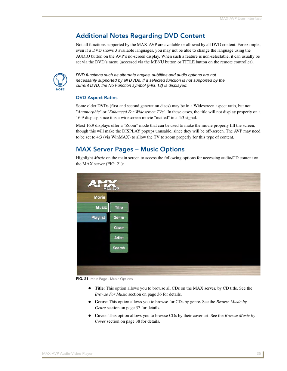 Additional notes regarding dvd content, Dvd aspect ratios, Max server pages – music options | AMX MAX-AVP User Manual | Page 41 / 60