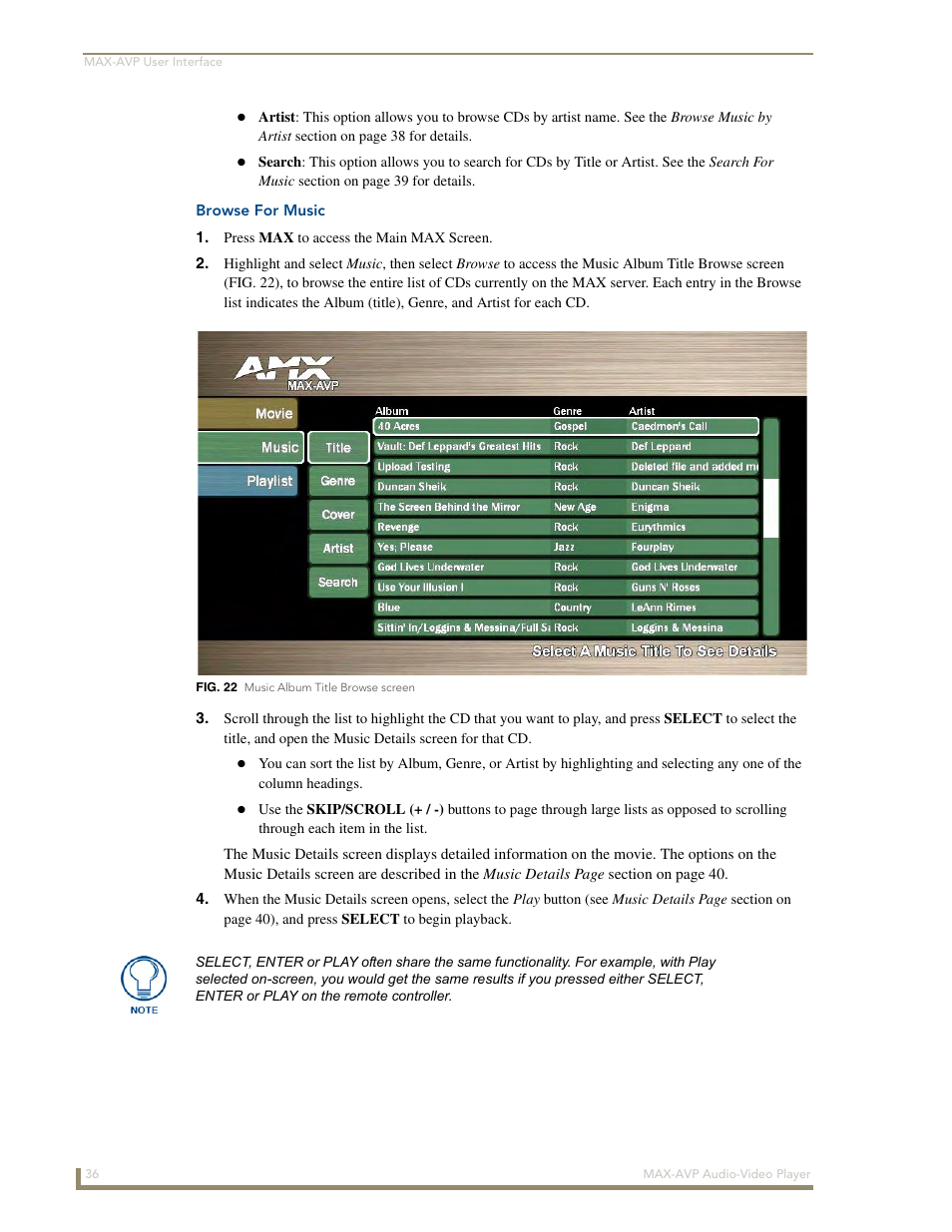 Browse for music | AMX MAX-AVP User Manual | Page 42 / 60