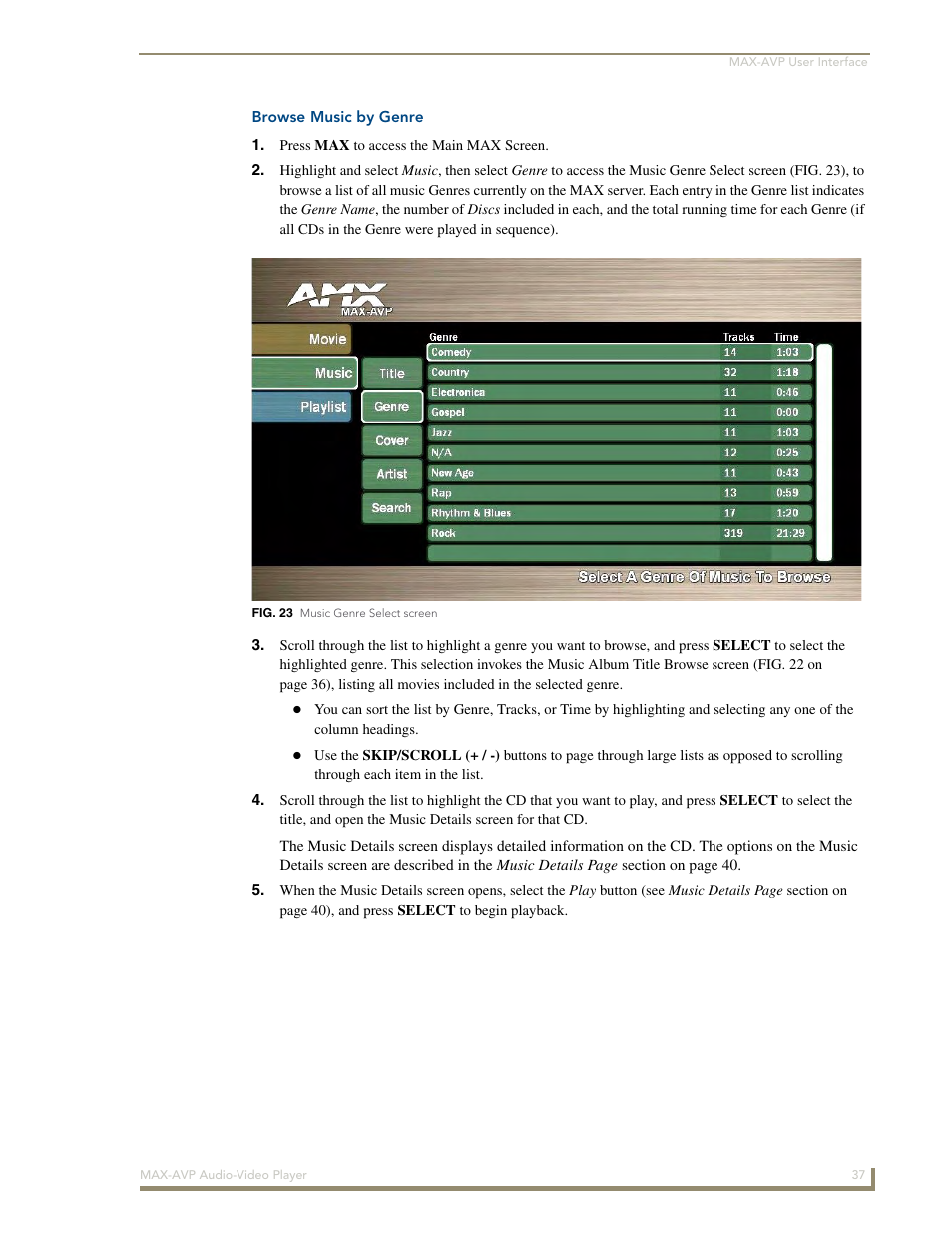 Browse music by genre | AMX MAX-AVP User Manual | Page 43 / 60