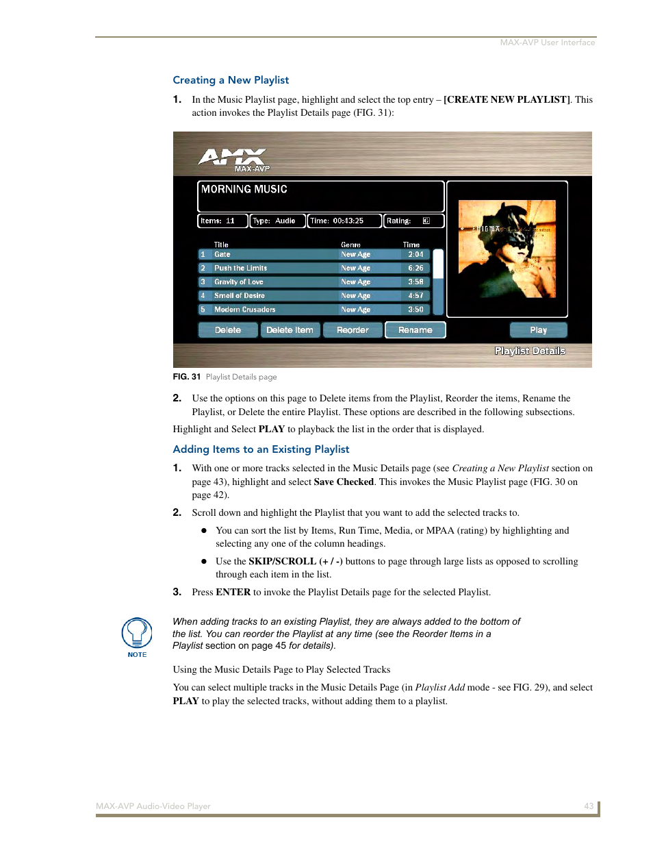 Creating a new playlist, Adding items to an existing playlist | AMX MAX-AVP User Manual | Page 49 / 60