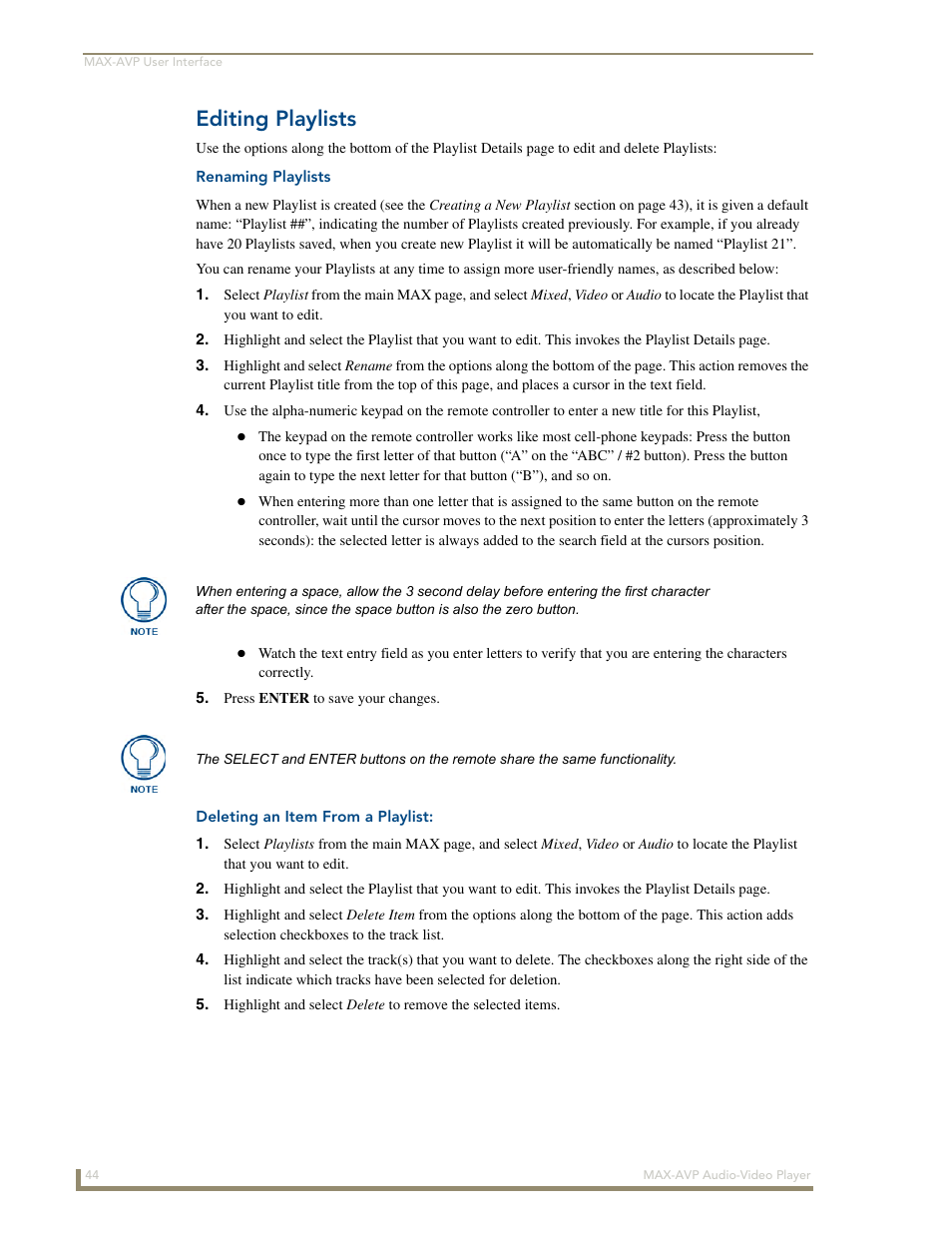 Editing playlists, Renaming playlists, Deleting an item from a playlist | AMX MAX-AVP User Manual | Page 50 / 60