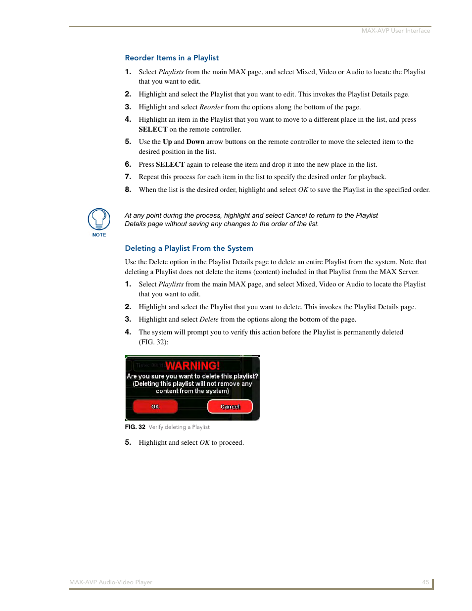 Reorder items in a playlist, Deleting a playlist from the system | AMX MAX-AVP User Manual | Page 51 / 60