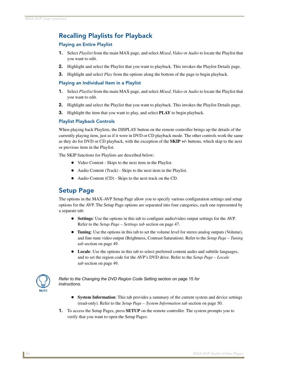 Recalling playlists for playback, Playing an entire playlist, Playing an individual item in a playlist | Playlist playback controls, Setup page | AMX MAX-AVP User Manual | Page 52 / 60