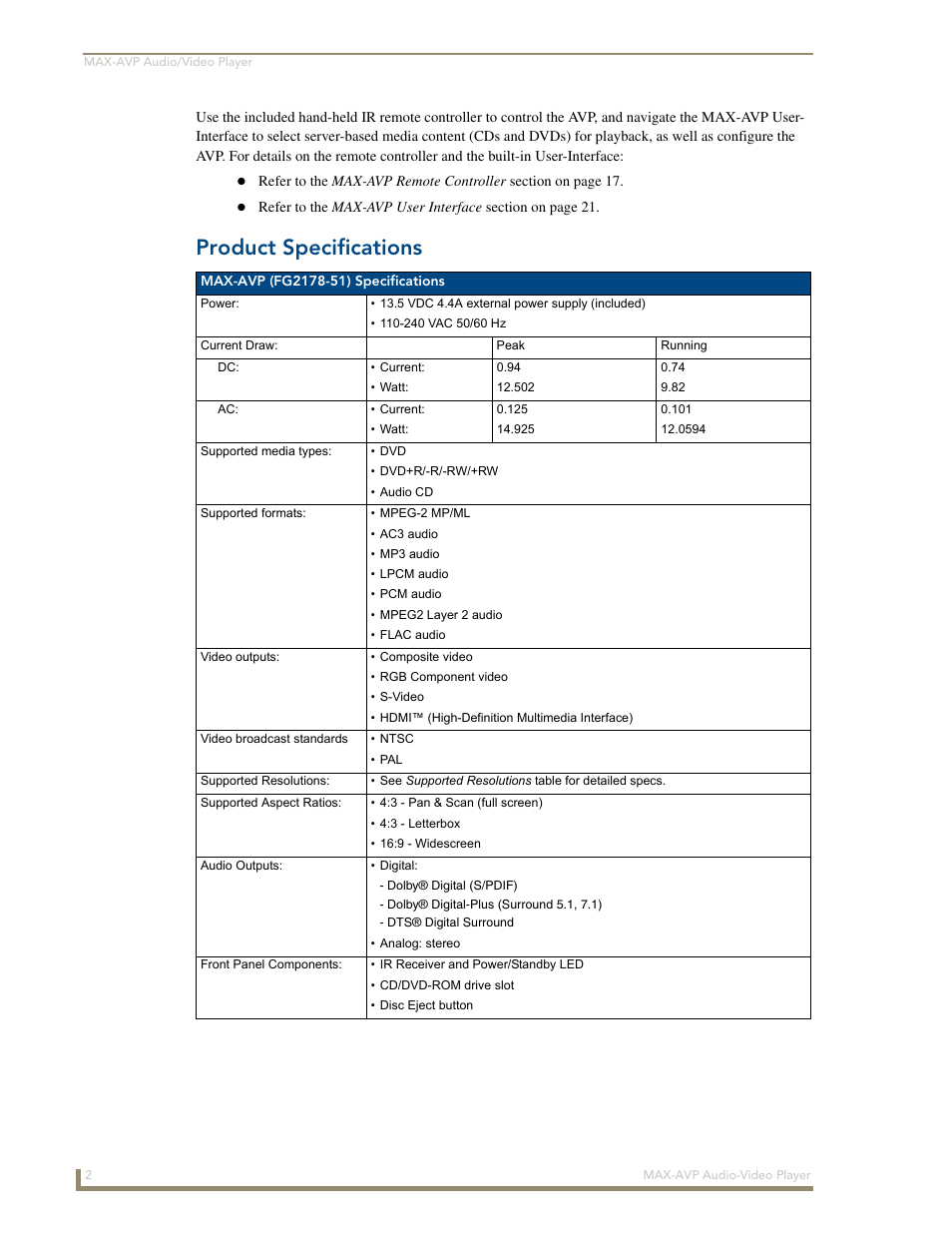 Product specifications | AMX MAX-AVP User Manual | Page 8 / 60