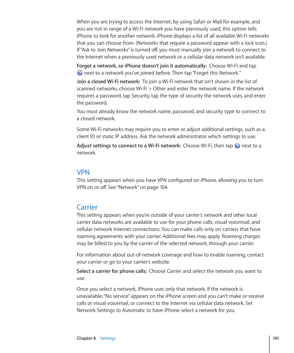 Carrier, 101 vpn 101 carrier | Apple iPhone/iPhone 3G (User manual) User Manual | Page 101 / 154