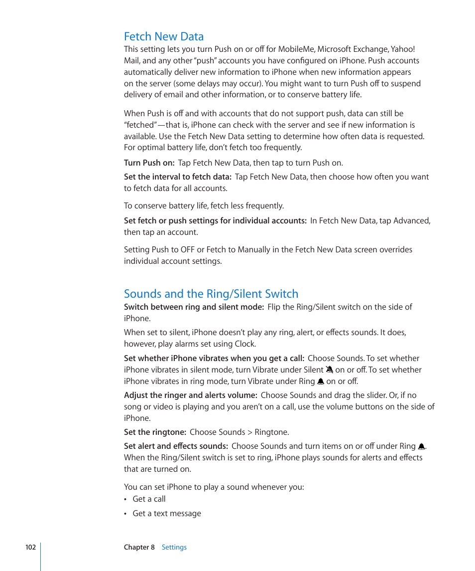 Fetch new data, Sounds and the ring/silent switch | Apple iPhone/iPhone 3G (User manual) User Manual | Page 102 / 154