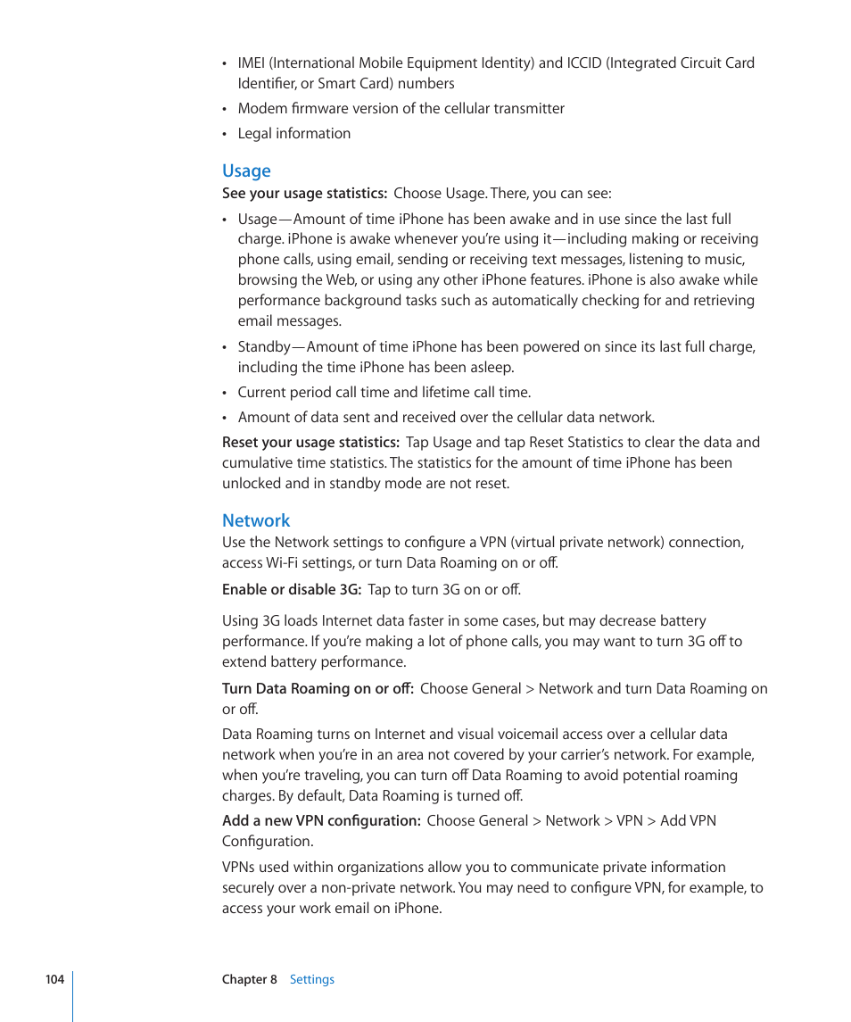 Network, Usage | Apple iPhone/iPhone 3G (User manual) User Manual | Page 104 / 154