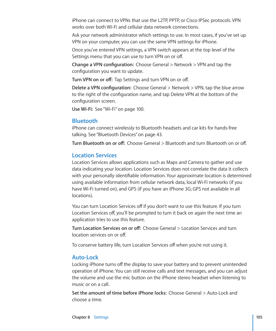 Auto-lock, Bluetooth, Location services | Apple iPhone/iPhone 3G (User manual) User Manual | Page 105 / 154
