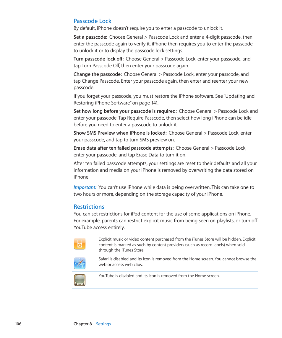 Passcode lock, Restrictions | Apple iPhone/iPhone 3G (User manual) User Manual | Page 106 / 154