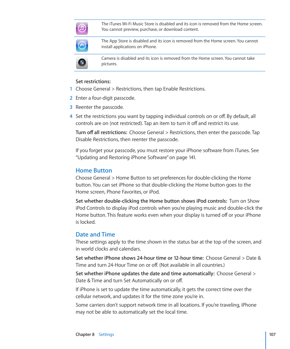 Home button, Date and time | Apple iPhone/iPhone 3G (User manual) User Manual | Page 107 / 154